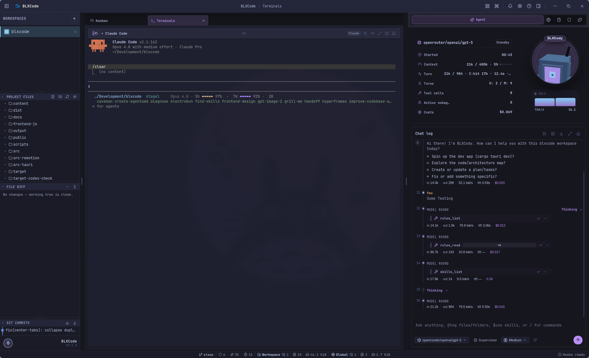 BLXCode Agent panel with session stats, context-window meter, tool-call counts, Drobo orb, and modern composer