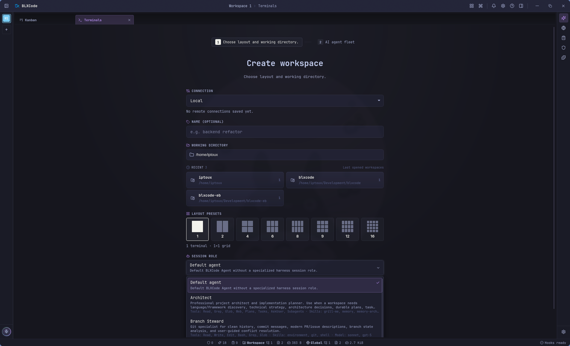Create workspace wizard showing local connection, recent directories, terminal layout presets, and the session role dropdown