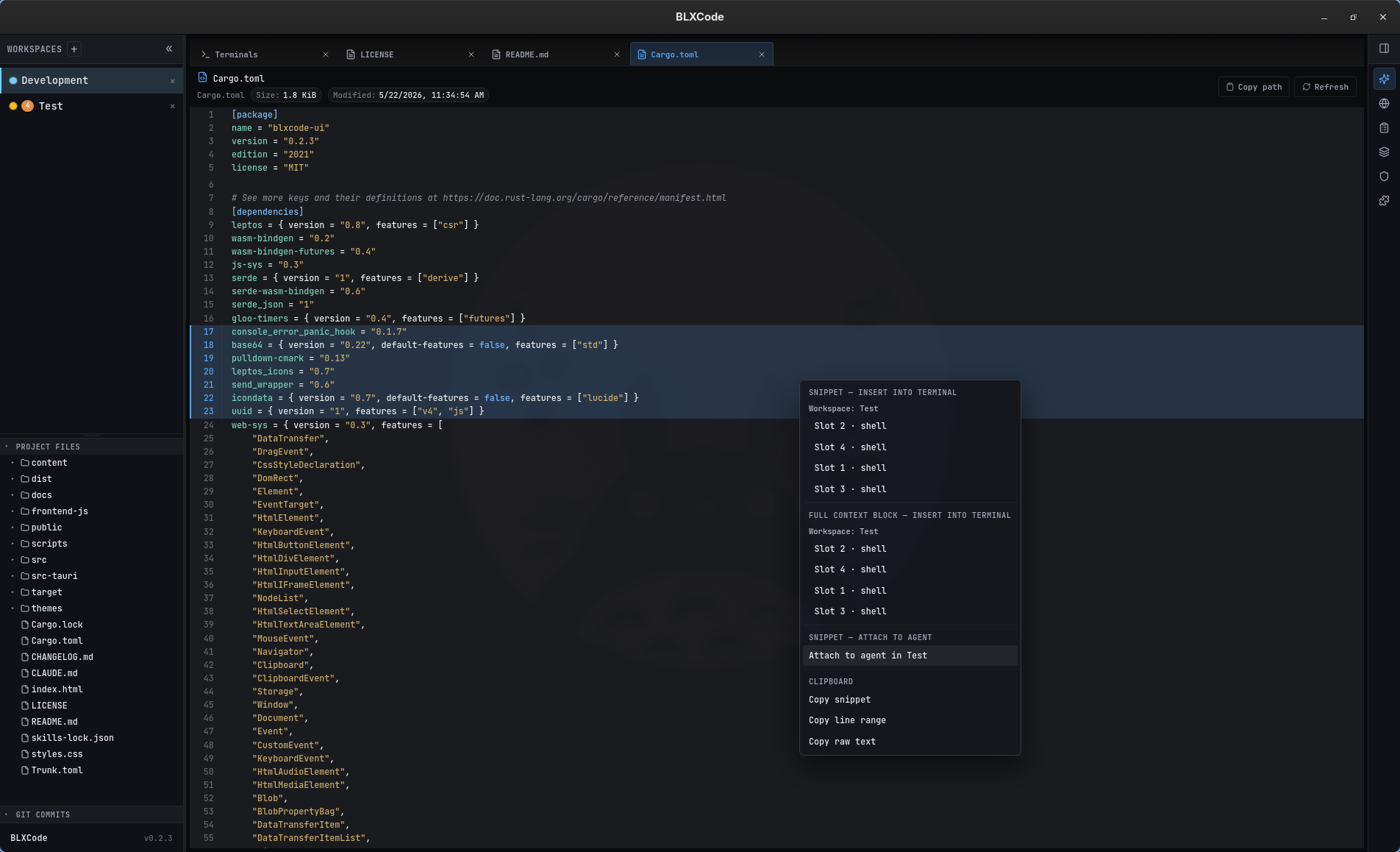 Right-click context menu in code preview with terminal handoff, agent attach, and clipboard actions