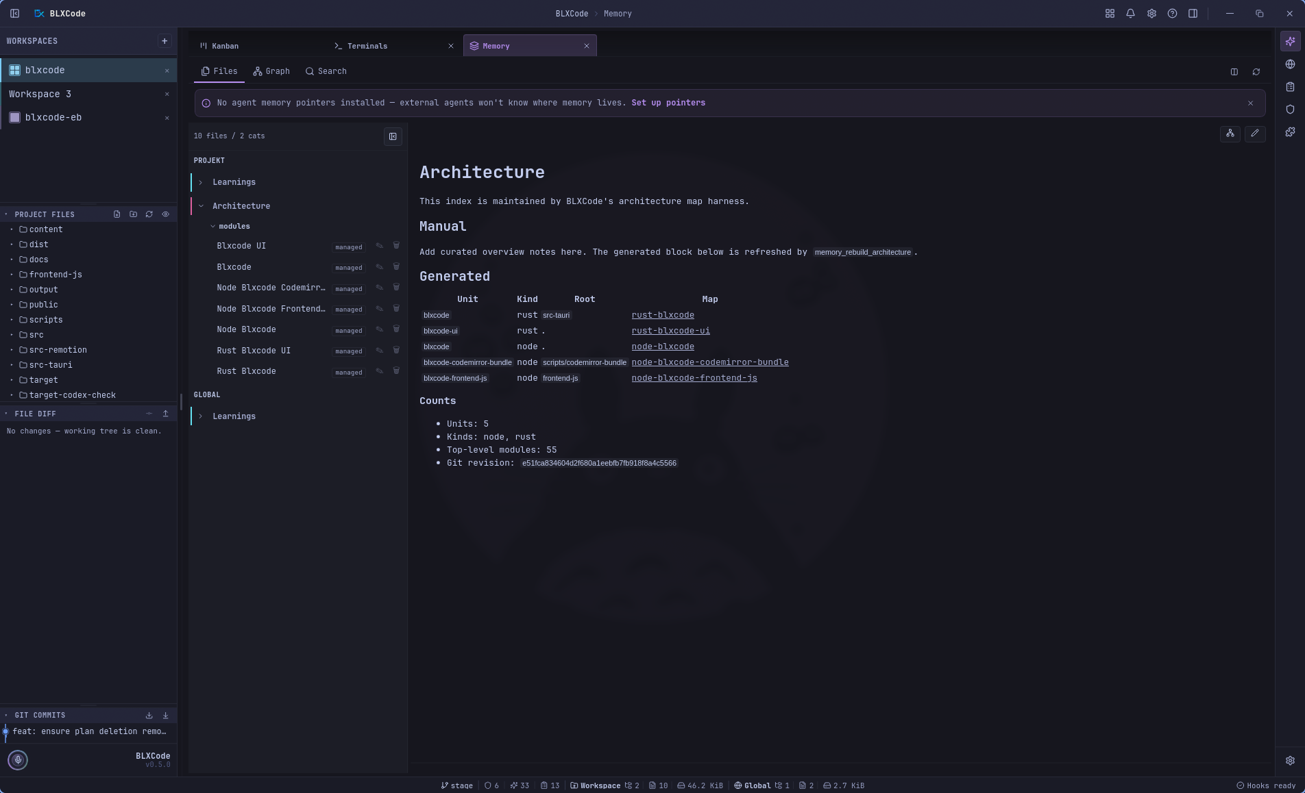 Memory center tab Files view showing Architecture category, generated module notes, index preview, memory pointer banner, and workspace sidebar
