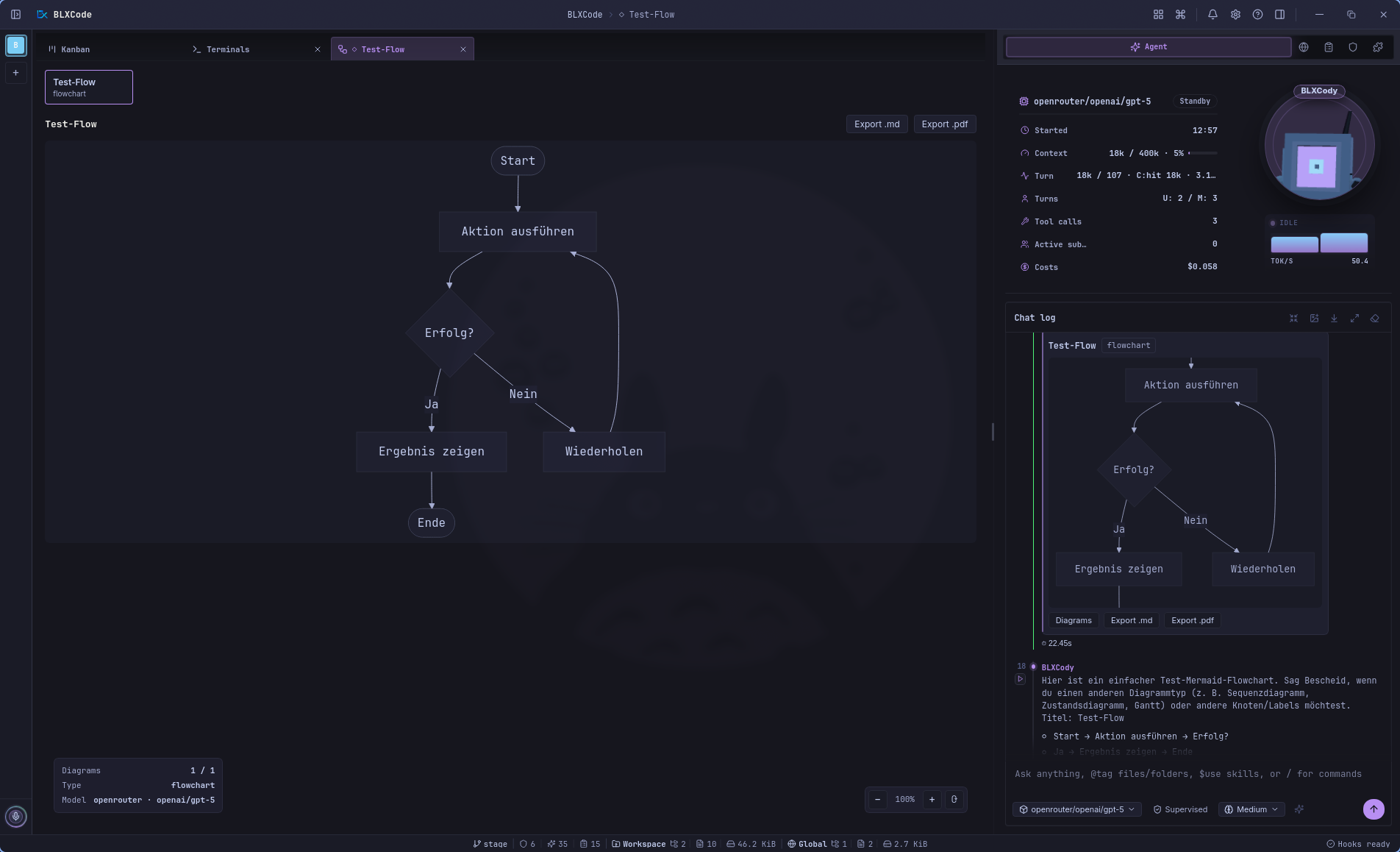 Centered Mermaid diagram gallery with thumbnail rail, export buttons, zoom controls, and an inline diagram card in the Agent timeline