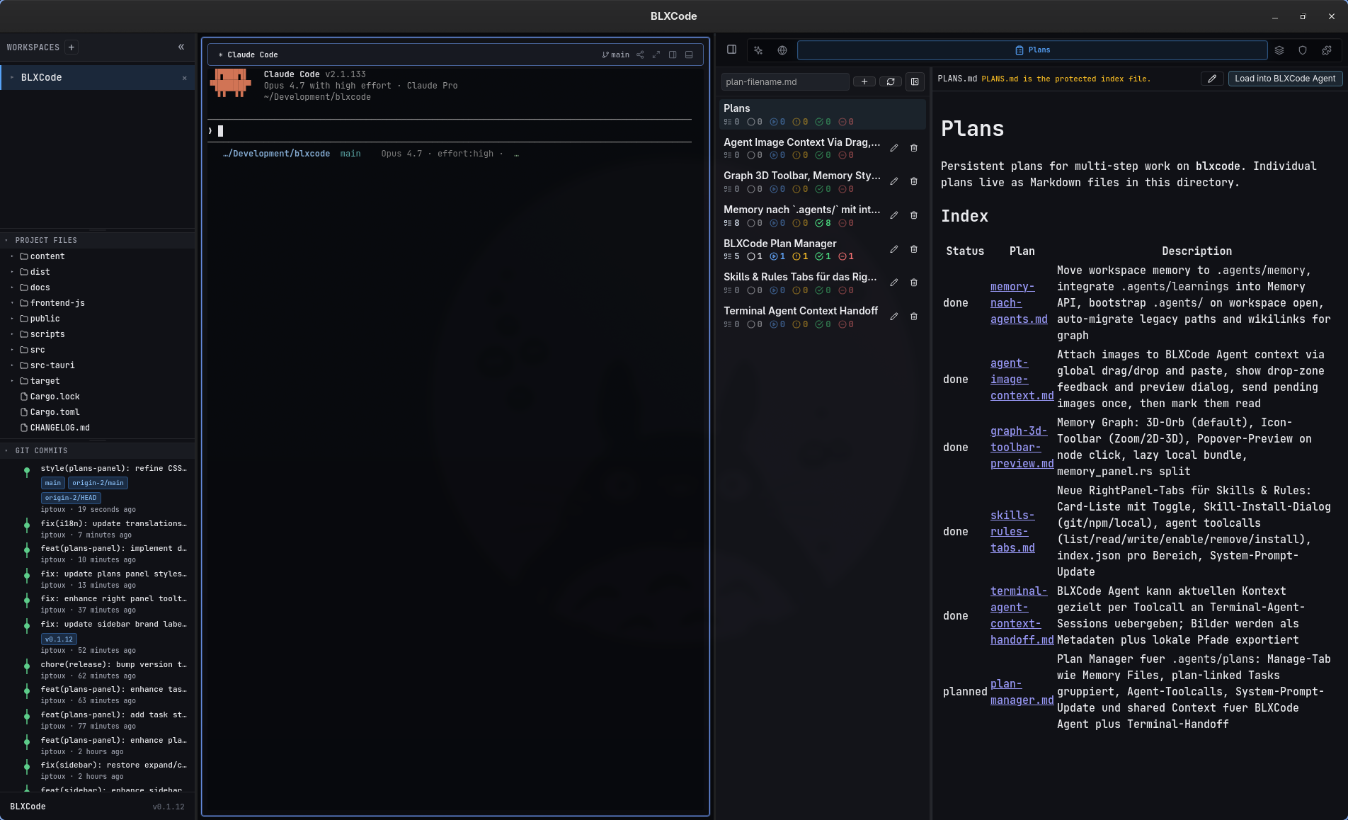 BLXCode Plans panel with status filters, grouped plan sections, and task summary chips