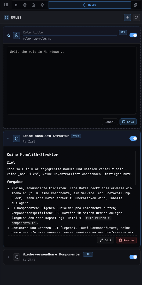 BLXCode Rules panel with create-rule form and expandable rule cards