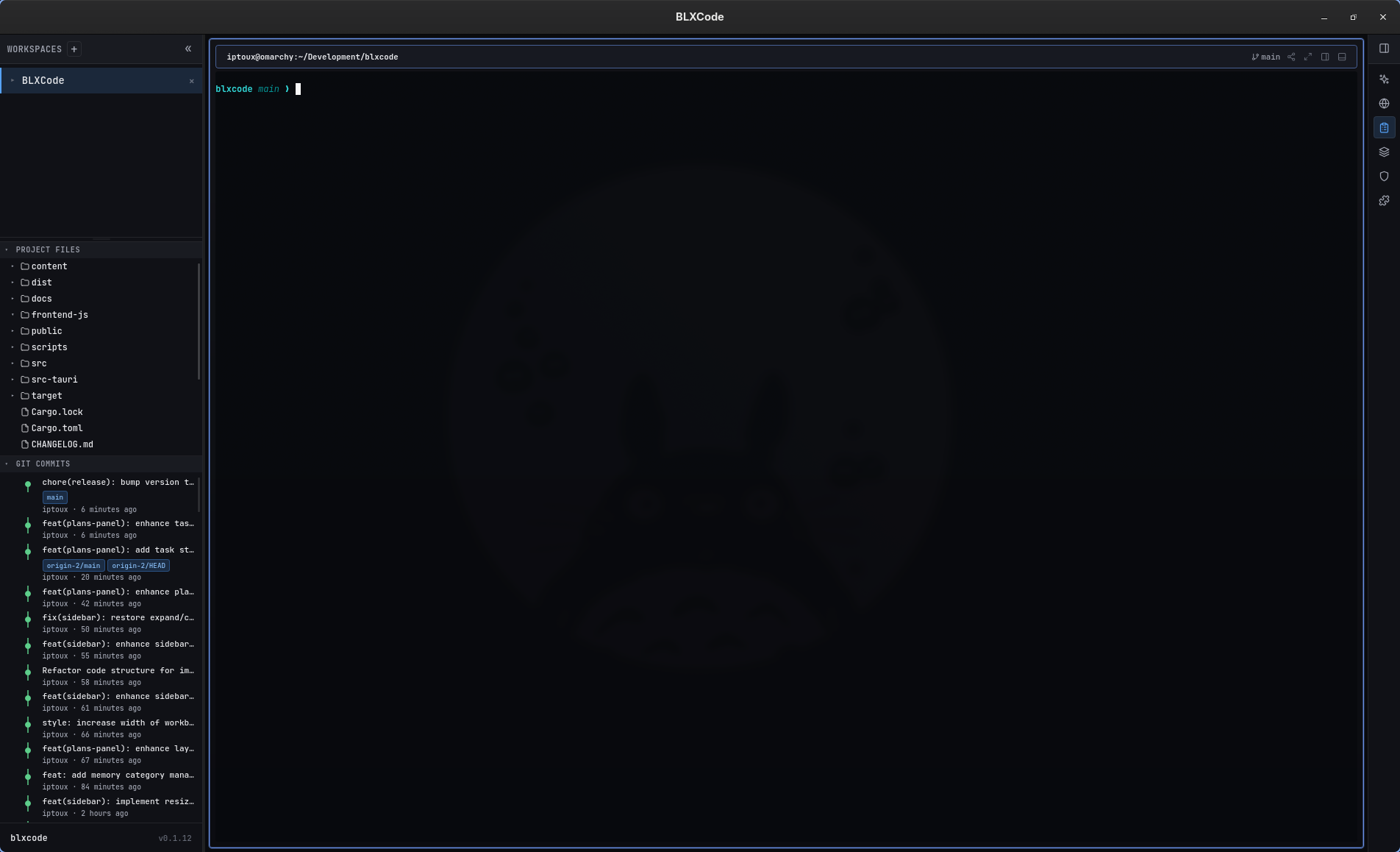 BLXCode sidebar with project file tree and git commit graph