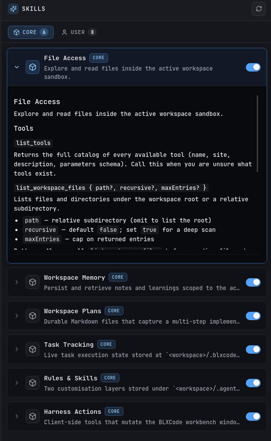 BLXCode Skills panel with Core and User tabs and expandable skill cards