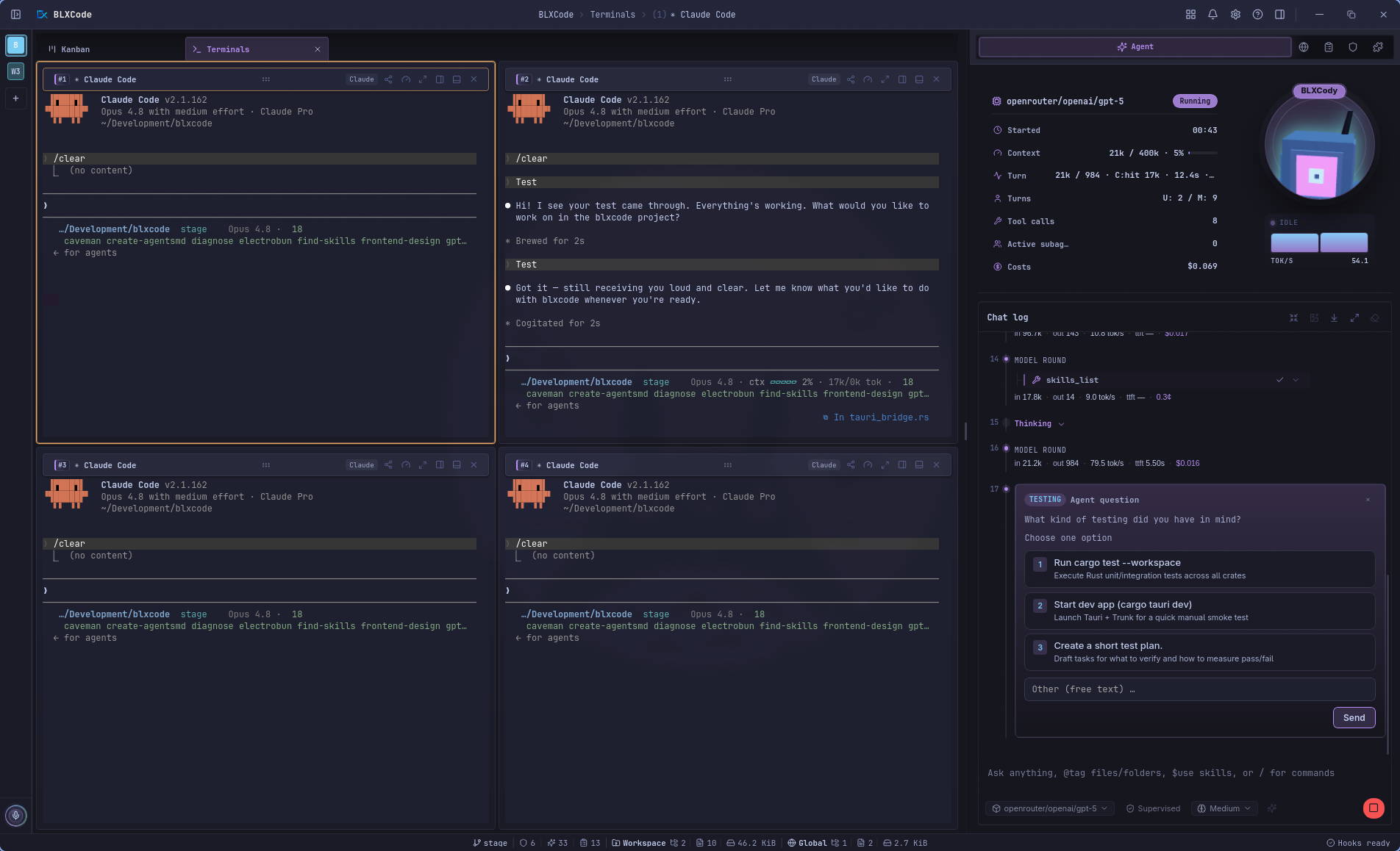 BLXCode Agent controlling terminal agents and showing an Agent question card with choices, free-text option, Send button, and Stop toggle