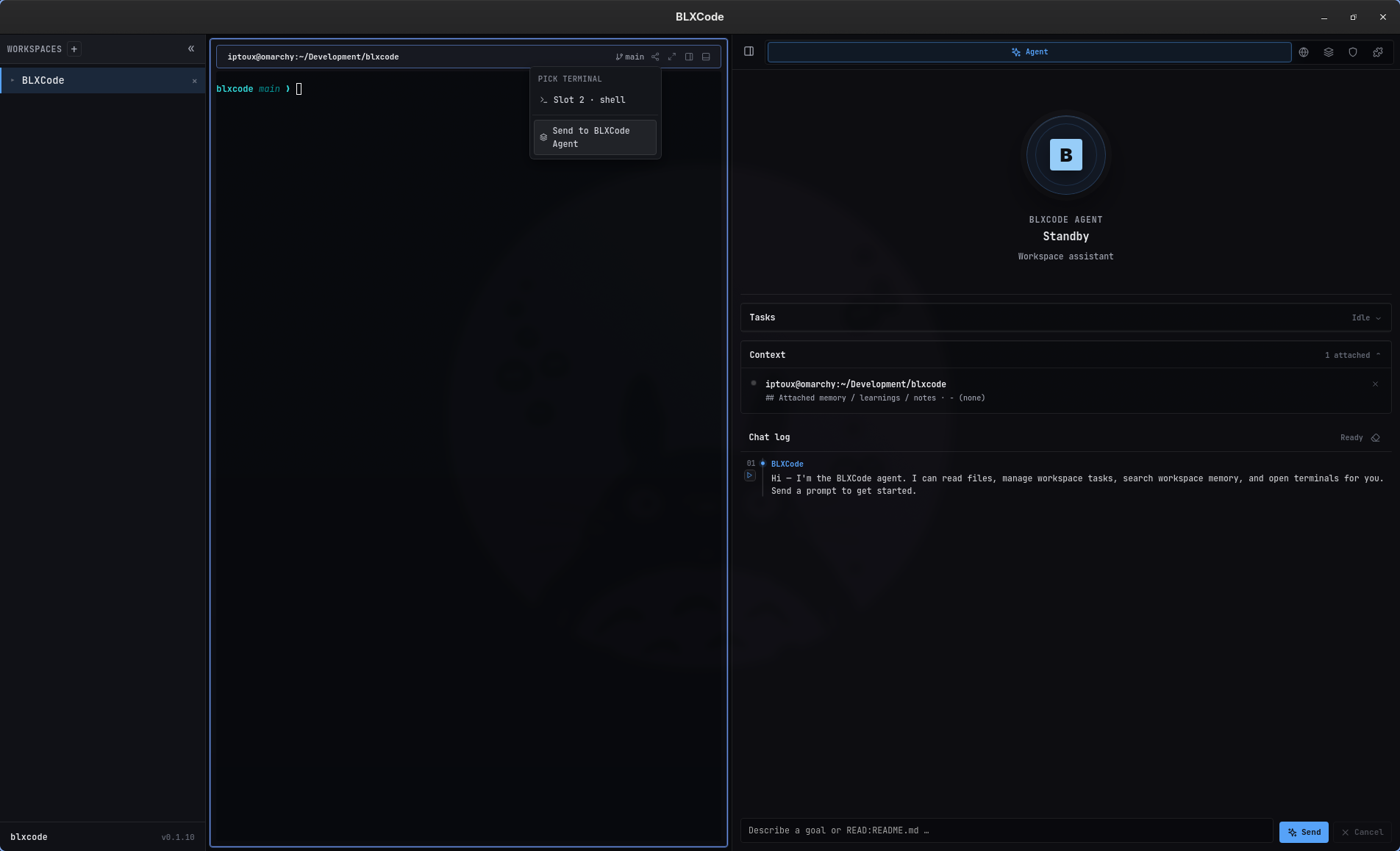 Terminal handoff menu picking a target shell slot