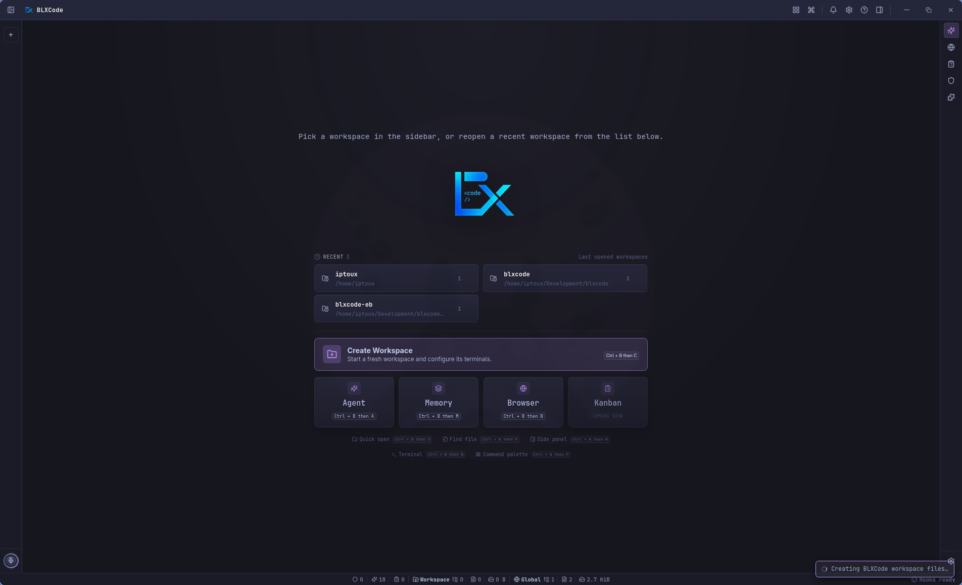 BLXCode welcome screen with recent workspaces, Create Workspace action, destination cards, and status bar