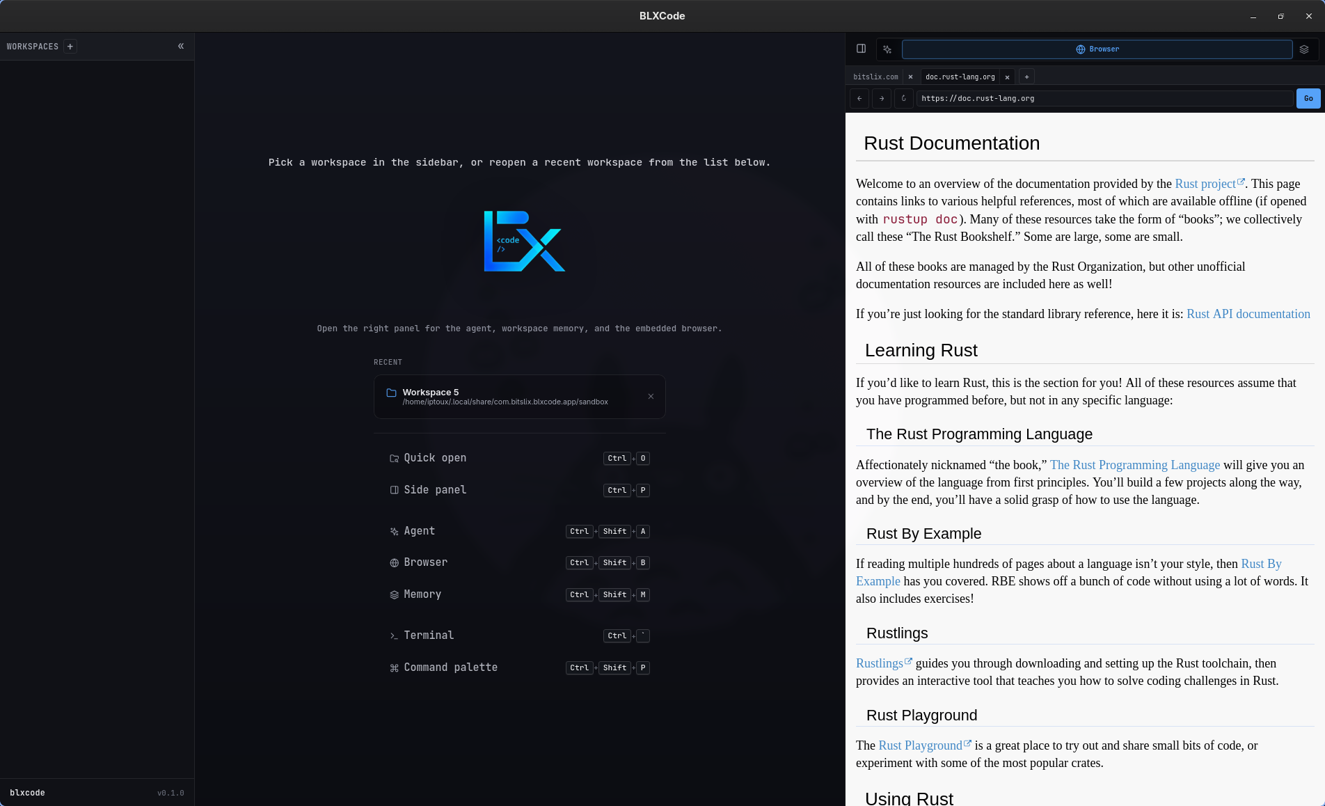 BLXCode workbench with workspace sidebar and terminal grid