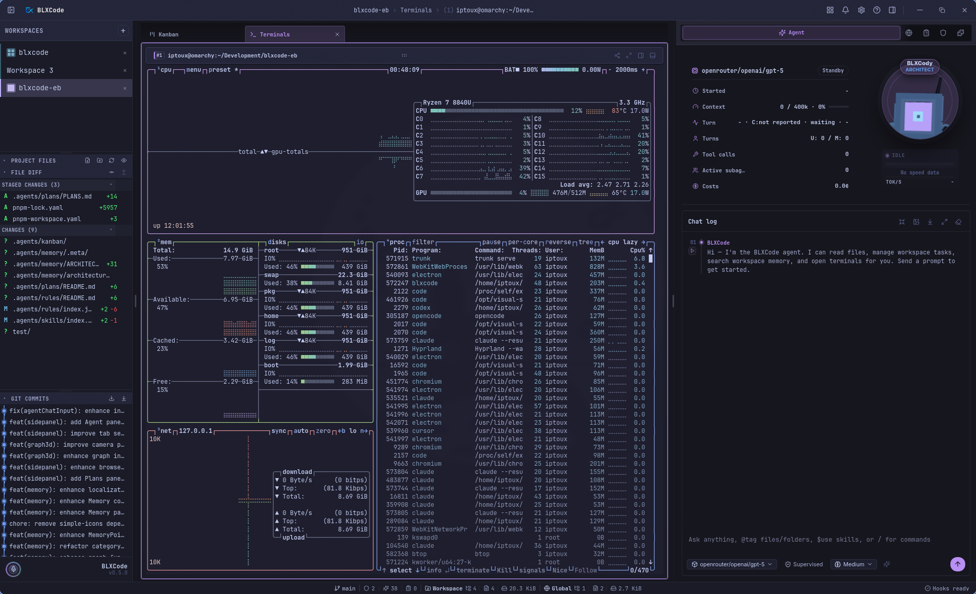 Single terminal workspace running a full-screen system monitor with project files, diff, Git commits, and agent panels visible